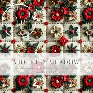 Puede incluir: Primer plano de un tapiz de pared de fieltro hecho a mano con un patrón de cuadrícula de flores rojas, blancas y verdes. El texto "Violet & Meadow Design Shop" está impreso en el centro de la imagen.