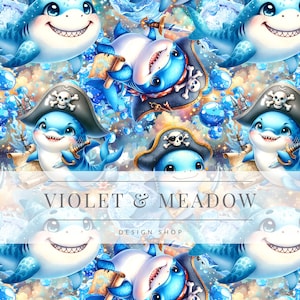 Könnte beinhalten: Eine farbenfrohe digitale Illustration mit Cartoon-Piratenhaien in Blau, Weiß und Grau. Die Haie tragen Piratenhüte und halten Schwerter. Der Hintergrund ist ein galaktisches Muster mit Sternen und Blasen.