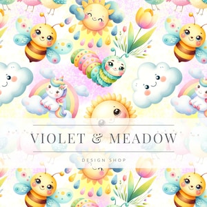 Puede incluir: Un patrón sin costuras con una variedad de personajes de dibujos animados lindos, que incluyen una abeja, una oruga, un sol, una nube, un unicornio y un arcoíris. El fondo es de color rosa y amarillo suave con un efecto de brillo. El texto "VIOLET & MEADOW DESIGN SHOP" se muestra en el centro del patrón.