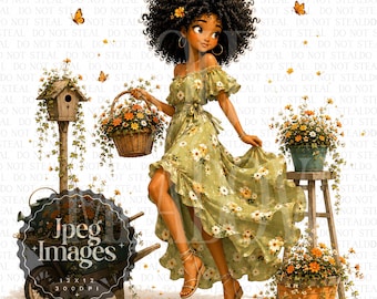 Whimsical Garden Girl Clipart Bundle | Floral Spring Lady Art JPG | Cottagecore Garden Clipart for Sublimation JPEG