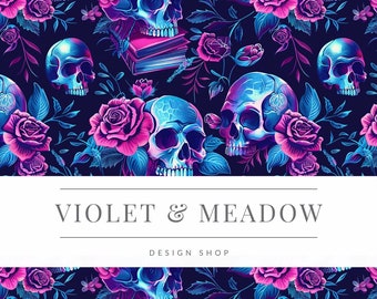 Gothic Skulls and Books Seamless Pattern: Neon Floral Digital Paper (JPG)