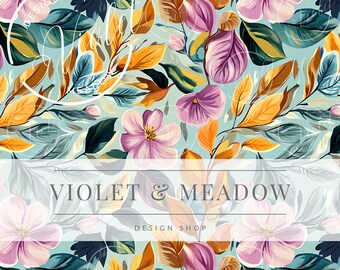 May include: A seamless pattern featuring a floral design with pink, purple, and yellow flowers on a light blue background. The text "Violet & Meadow Design Shop" is displayed at the bottom of the image.