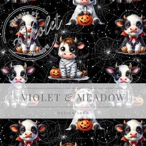 Peut inclure: Un motif sans couture noir et blanc représentant de jolies vaches de dessin animé habillées de costumes d'Halloween. Les vaches portent des costumes tels qu'une momie, un vampire, un fantôme et un squelette. L'arrière-plan est noir avec des toiles d'araignées blanches.