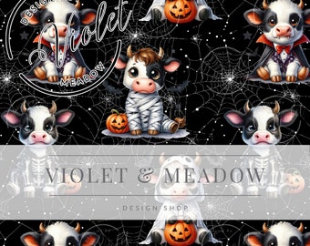 Vaca de Halloween, calabazas, telarañas, espeluznante. Papel digital sin costuras/imprimible/Halloween/Sublimación/Patrón repetitivo/Sin costuras