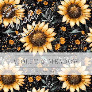May include: A digital floral pattern featuring large yellow sunflowers with brown centers and smaller orange flowers on a black background. The design includes gray-green leaves and the text "VIOLET & MEADOW DESIGN SHOP".