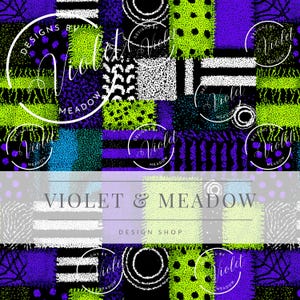 May include: A patchwork design featuring squares of black, purple, green, white, and blue with various patterns. The design includes polka dots, stripes, and abstract shapes. The text "VIOLET & MEADOW DESIGN SHOP" is displayed.