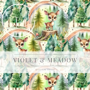 Puede incluir: Un patrón sin costuras con ilustraciones de acuarela de una escena de bosque con ciervos, árboles y un arcoíris. El fondo es amarillo claro con estrellas blancas. El texto "VIOLET & MEADOW DESIGN SHOP" está en la parte inferior de la imagen.