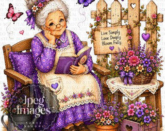 Whimsical Gardening Grandma Clipart Bundle | Purple Floral Garden Lady Art JPG | Cottagecore Grandma Clipart for Sublimation JPEG