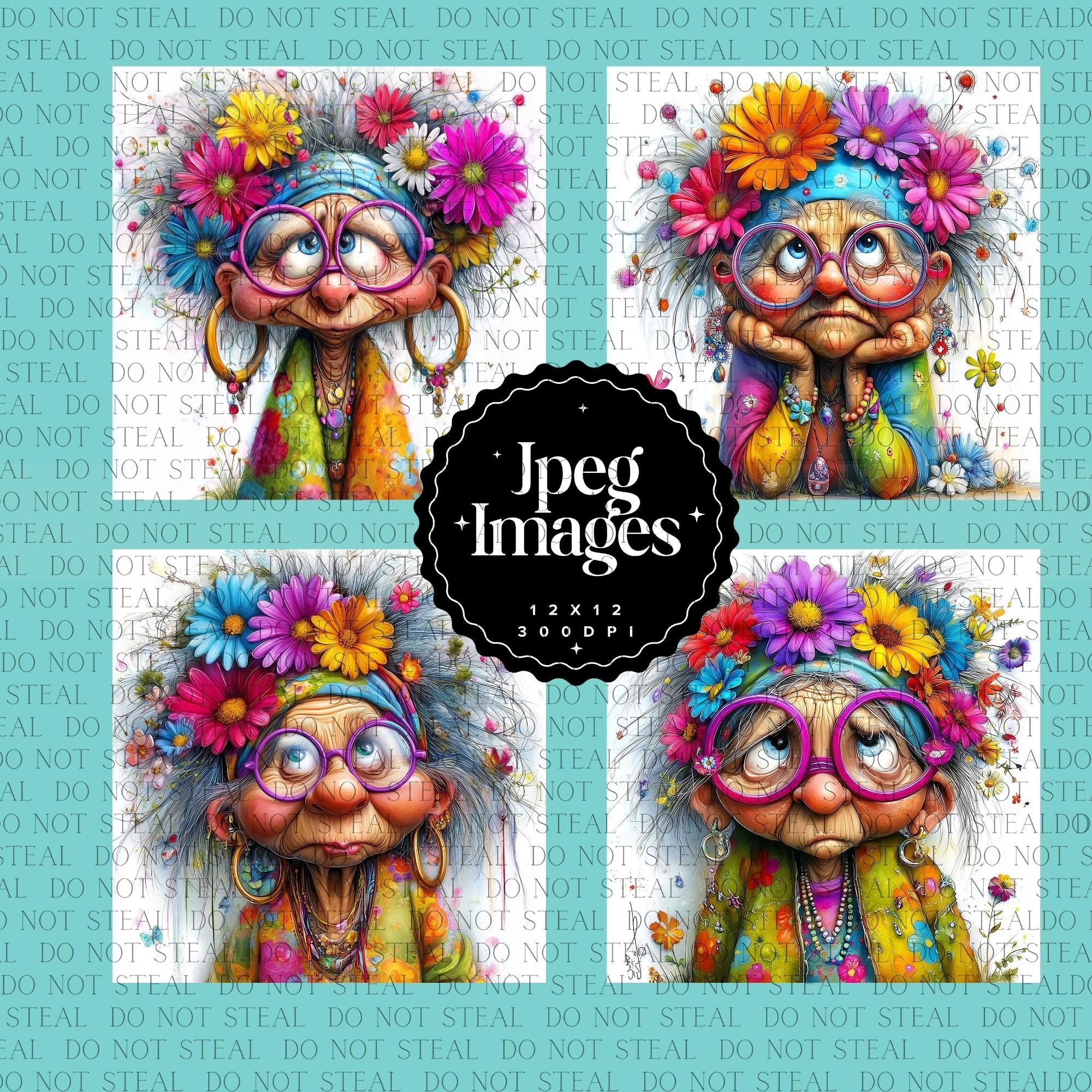 Funny Old Lady Clip Art Bundle - Hippie Grandma and Flowers Digital ...