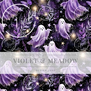May include: A repeating pattern featuring whimsical purple ghosts, stars, and foliage against a dark background. The design includes the text "Violet & Meadow Design Shop" and circular logos. The overall theme is spooky and magical.