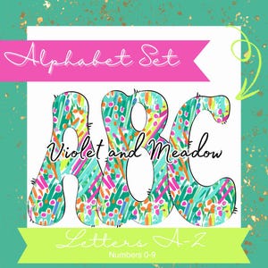 May include: Alphabet set featuring letters A, B, and C in a colourful, abstract pattern. The letters are outlined in black and have a white background. The text "Violet and Meadow" is written in black cursive below the letters. The text "Letters A-Z" is written in green below the letters. The text "Numbers 0-9" is written in black below the letters.