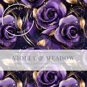 May include: Purple and gold floral pattern with a white banner that reads "Violet & Meadow Design Shop".