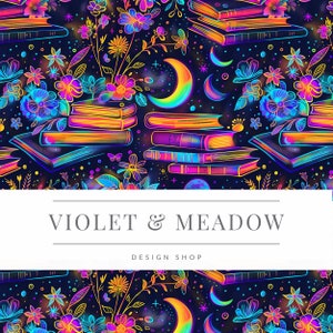 May include: A seamless pattern featuring vibrant neon flowers, crescent moons, and stacks of books on a dark blue background. The text "VIOLET & MEADOW DESIGN SHOP" is displayed in a white banner.