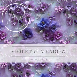 May include: A close-up of a floral design featuring purple and blue flowers with a white background. The text "Violet & Meadow Design Shop" is displayed in the center of the image.