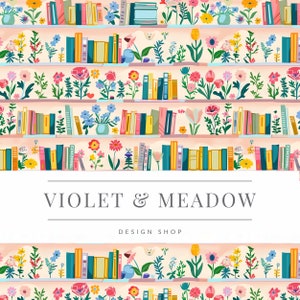 Può includere: Un'illustrazione colorata di librerie piene di libri e fiori. Gli scaffali sono pieni di libri di vari colori e adornati con fiori vibranti. Il testo "VIOLET & MEADOW DESIGN SHOP" è visualizzato.