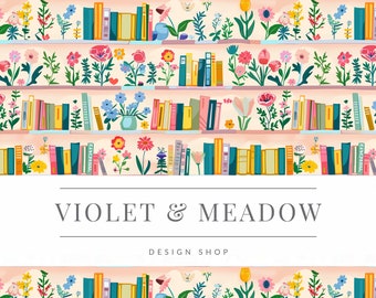Seamless Bookcase, Seamless Book Pattern, Seamless Spring Reading Digital Instant Download Cottage Core Books