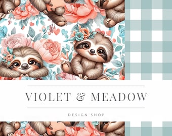 Floral Sloths | Seamless Pattern | Instant Download | Printable Digital Paper | Surface Design | Sublimation | Repeating Pattern | Flower