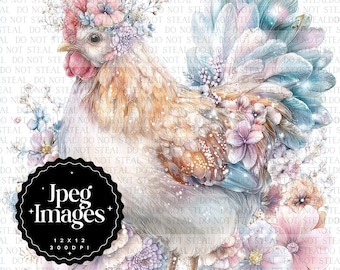 Floral Chicken Clipart Bundle, Glam Hen JPEG, Whimsical Cottagecore Rooster Art, Pastel Flower Farm Animal Clipart, Commercial Use