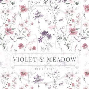 Könnte beinhalten: Ein florales Muster mit aquarellartigen Blumen in Rosa- und Lilatönen, zarten grünen Blättern auf weißem Hintergrund. Der Text "VIOLET & MEADOW DESIGN SHOP" ist zu sehen.