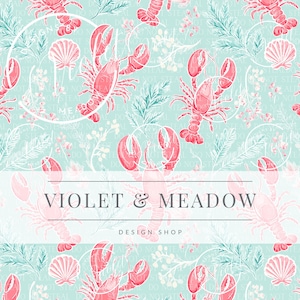 May include: A repeating pattern of pink lobsters, seashells, and botanical elements on a pale blue background. The design includes the text "VIOLET & MEADOW DESIGN SHOP" in a banner. The overall theme is nautical and coastal.