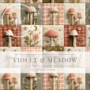 May include: A repeating pattern featuring squares with mushroom and floral designs. The mushrooms have red and white polka-dot caps. The text "VIOLET & MEADOW DESIGN SHOP" is displayed across the center of the image.