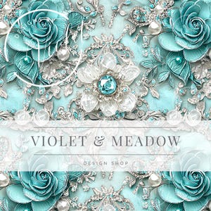 May include: A teal and silver background with a floral design. The background is covered in rhinestones and pearls. The text "VIOLET & MEADOW DESIGN SHOP" is in the center of the image.
