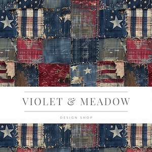 May include: A patchwork design featuring distressed red, white, and blue squares reminiscent of the American flag. The design includes stars and stripes, with a vintage, worn aesthetic. The text "VIOLET & MEADOW DESIGN SHOP" is displayed.