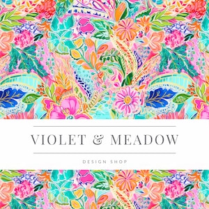 Preppy, Neon Bright, Rainbow Summer Watercolor seamless pattern, Preppy Floral, Preppy Tropical Flowers, Preppy Seamless paper