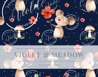Cute Mouse Seamless Pattern, Watercolor Animal Fabric Print, Cottagecore Digital File, Commercial Use, Instant Download