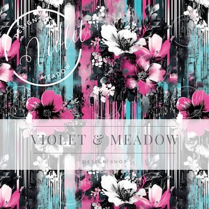 Può includere: Motivo floreale astratto con fiori rosa e bianchi su uno sfondo a strisce nero e blu. Il testo "Violet & Meadow Design Shop" è al centro dell'immagine.