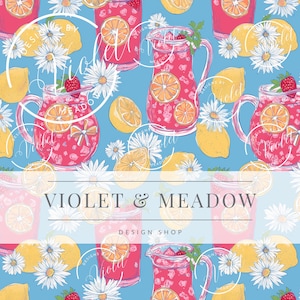 May include: A repeating pattern on a light blue background featuring pink pitchers filled with a red beverage, orange slices, strawberries, lemons, and white daisies. The text "VIOLET & MEADOW DESIGN SHOP" is at the bottom.