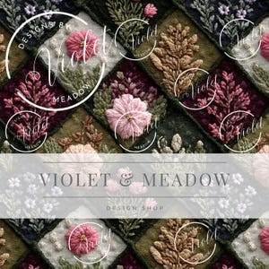 Puede incluir: Primer plano de un diseño textil con patrones florales bordados en tonos rosa, verde y burdeos. El diseño está dividido en secciones en forma de diamante. El texto "VIOLET & MEADOW DESIGN SHOP" se muestra en la parte inferior.