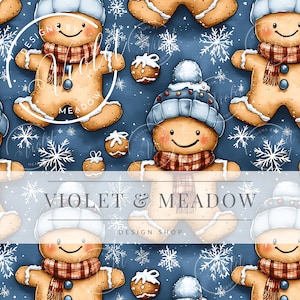 May include: A seamless pattern featuring gingerbread people wearing winter hats and scarves on a blue background with white snowflakes. The pattern includes the text "Violet & Meadow Design Shop".
