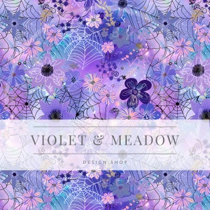 May include: A seamless pattern featuring a purple and blue floral design with spiderwebs. The background is a gradient of purple, blue, and pink. The text "Violet & Meadow Design Shop" is in the centre of the image.