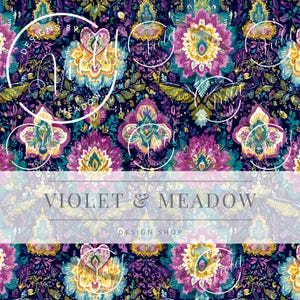 May include: A vibrant floral pattern in shades of purple, teal, and yellow on a dark navy background. The design features large, stylized flowers and foliage. The text "VIOLET & MEADOW DESIGN SHOP" is displayed across the bottom.