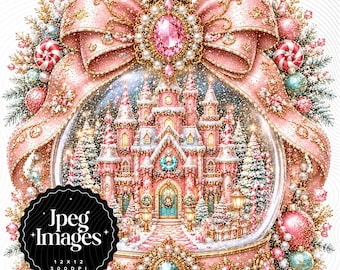 10 Pink Christmas Snow Globe Clipart, Jeweled Candyland Holiday Illustrations, Bundle (Digital Download)