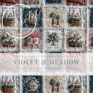 Op de afbeelding: Een patchworkquilt met geborduurde vierkanten met bloemenmanden, huizen en bomen. De quilt heeft een vintage esthetiek met rode, blauwe en crèmekleurige stoffen. De tekst "VIOLET & MEADOW DESIGN SHOP" wordt weergegeven.