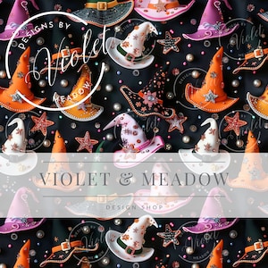 May include: A black background with a variety of witch hats decorated with rhinestones, glitter, and stars. The hats are in various colours, including orange, pink, white, and purple. The text "VIOLET & MEADOW DESIGN SHOP" is in the centre of the image.