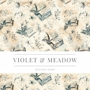Könnte beinhalten: Ein nahtloses Muster mit geöffneten Büchern im Vintage-Stil mit handschriftlichem Text, zarten floralen Elementen und Blattwerk auf beigefarbenem Hintergrund. Der Text "VIOLET & MEADOW DESIGN SHOP" wird in einem Banner am unteren Rand des Bildes angezeigt.
