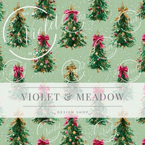 May include: A repeating pattern of Christmas trees on a light green background. The trees are decorated with gold and pink ornaments and bows. The text "VIOLET & MEADOW DESIGN SHOP" is displayed across the center.