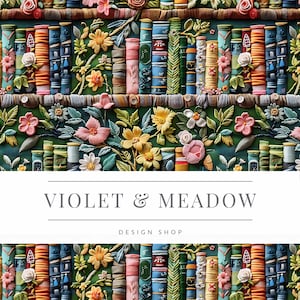May include: A colorful illustration of a bookshelf filled with books, flowers, and greenery. The text "VIOLET & MEADOW DESIGN SHOP" is displayed on a white banner.