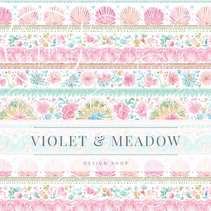 May include: A repeating pattern of decorative borders in pastel colors. The design includes seashells, flowers, and floral elements in pink, blue, and gold. The text "VIOLET & MEADOW DESIGN SHOP" is also present.