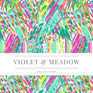 May include: A colorful abstract pattern with bright pink, orange, green, and blue lines and dots on a white background. The text "VIOLET & MEADOW DESIGN SHOP" is centered in the middle of the image.