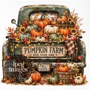 May include: A vintage green pickup truck illustration filled with orange and green pumpkins, sunflowers, and autumn leaves. A wooden sign on the tailgate reads PUMPKIN FARM PICK YOUR OWN. A license plate reads FALL 4EVER. A plaid blanket hangs off the side.
