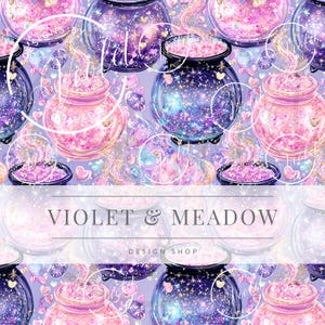May include: A repeating pattern featuring jars filled with glitter and sparkles in shades of purple, pink, and blue. The jars have lids and are surrounded by hearts and swirls. The text "VIOLET & MEADOW DESIGN SHOP" is at the bottom.