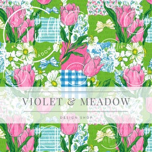 May include: A vibrant floral pattern featuring pink tulips, white daisies, and blue bows on a patchwork background. The design includes the text "VIOLET & MEADOW DESIGN SHOP" in a decorative font, with a green and white color scheme.