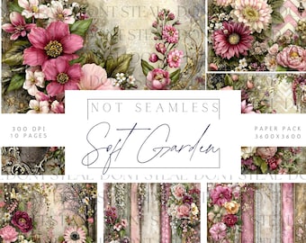 Può includere: Un pacchetto di carta digitale intitolato "Soft Garden" con disegni floreali nei toni del rosa, bianco e verde. Il pacchetto include varie composizioni floreali, con il testo "NOT SEAMLESS" e "PAPER PACK 3600 x 3600".