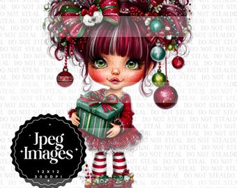 Festive Christmas Girl Clipart Bundle: Whimsical Holiday Doll with Gifts - Red & Green Winter Girl Clipart JPEGS (Digital Download)