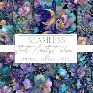 Puede incluir: Patrón digital sin costuras con un diseño celestial, que presenta elementos florales morados, turquesas y dorados. El texto dice "SEAMLESS Starlit Amethyst Bloom". El patrón mide 3600x3600 píxeles.