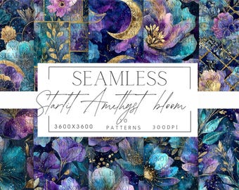 Celestial Floral Seamless Patterns | Blue Purple Watercolor Flowers & Moons | Luxe Digital Paper Pack | Scrapbook Backgrounds